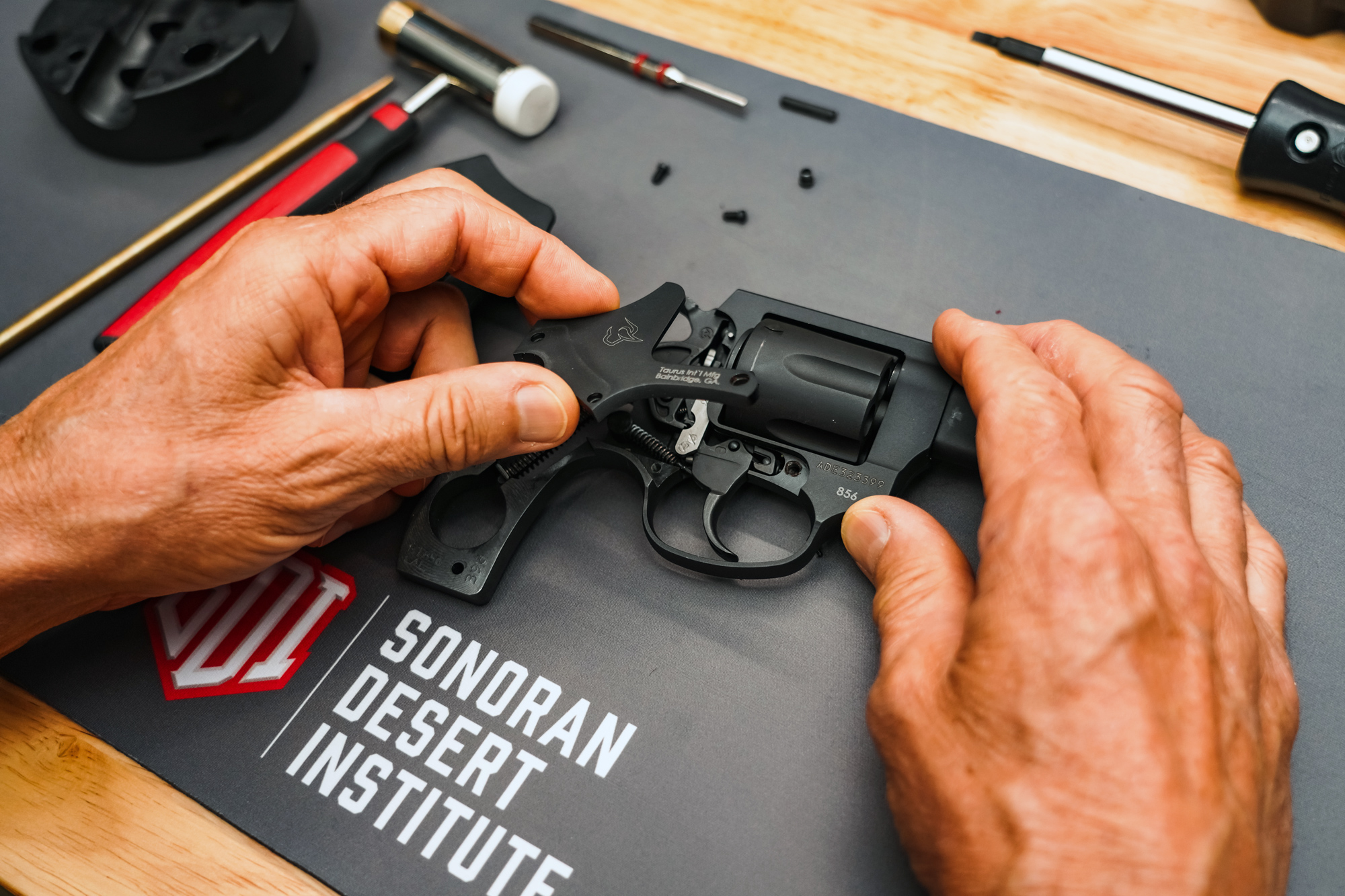 A revolver being assembled